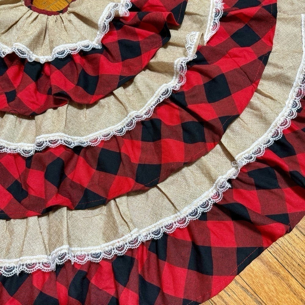 Holiday Buffalo Plaid and Burlap Lace Layered Christmas Tree Skirt 48” Red Black - Picture 5 of 7